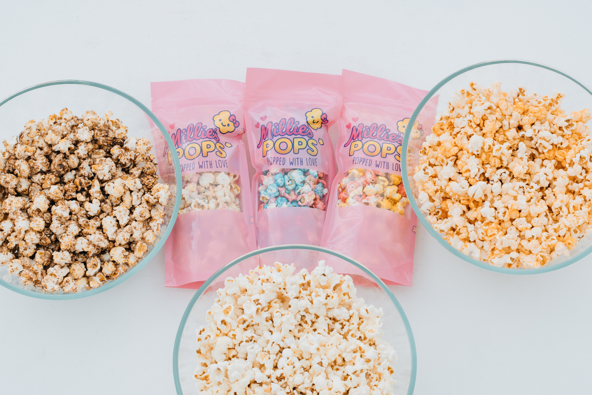 Popcorn bowls and Millie's Pops bags display