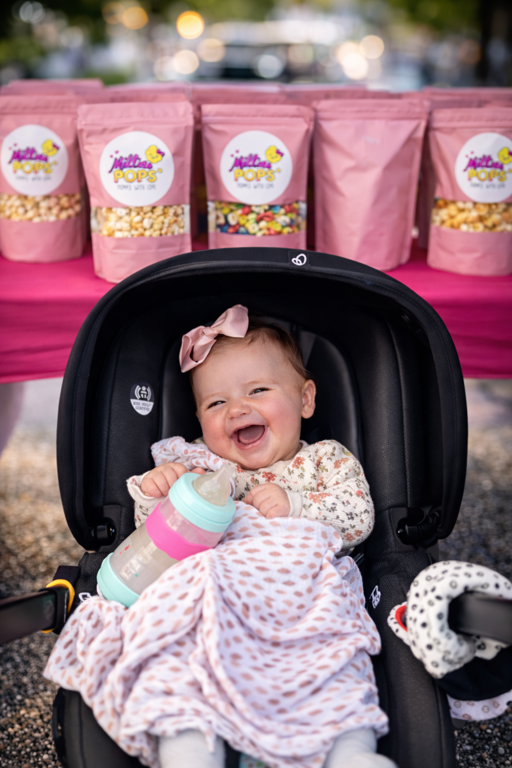 Millie at a Millie's Pops booth with popcorn bags