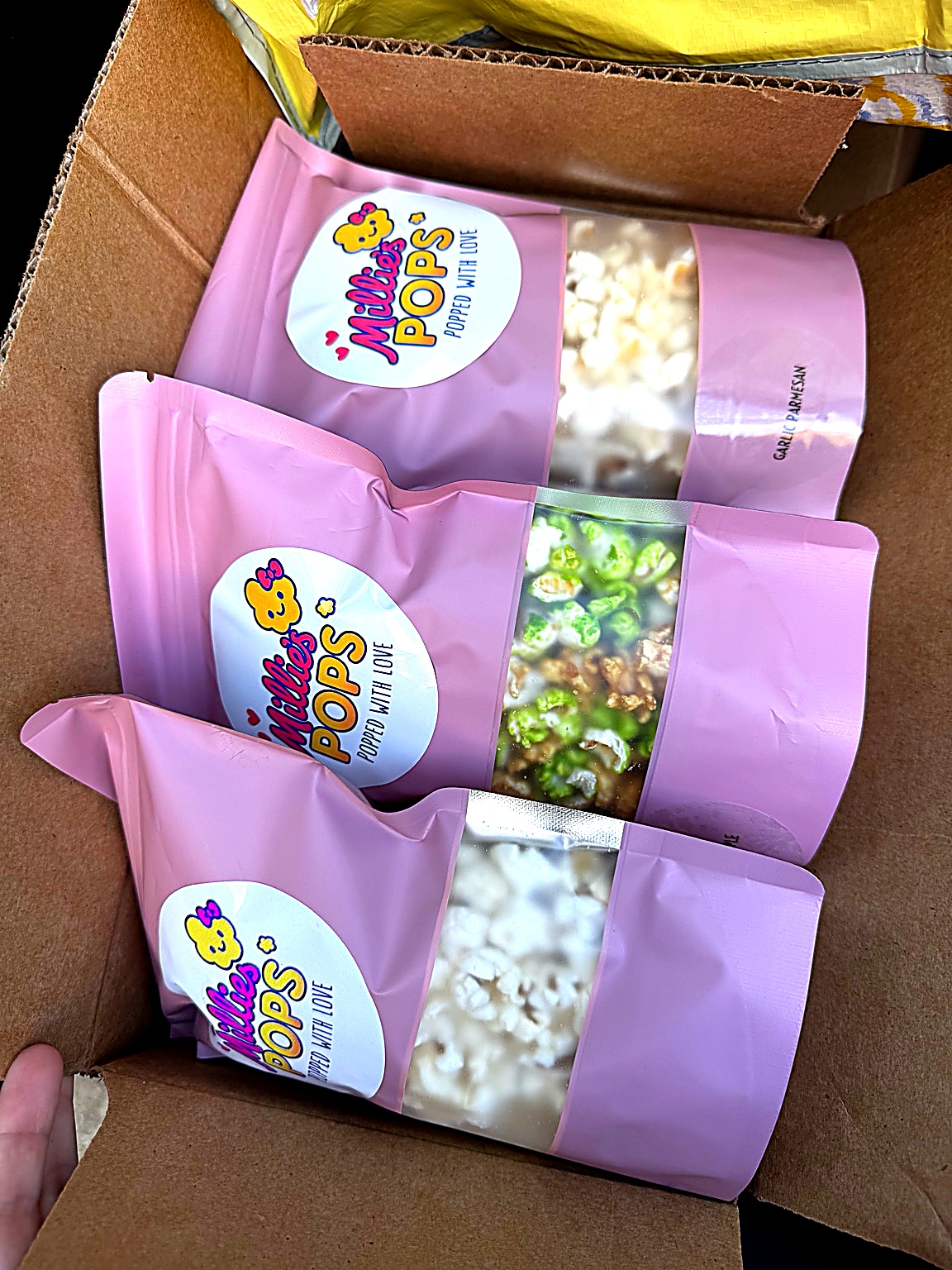 Millie's Pops bags packed in shipping box