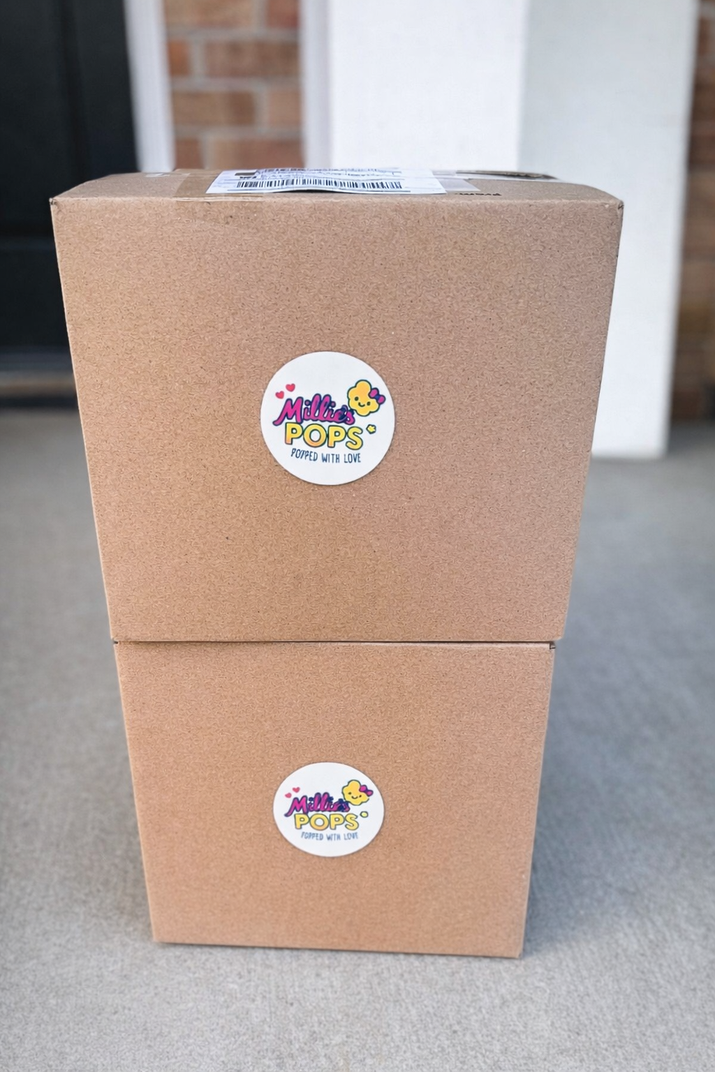 Millie's Pops shipping boxes at doorstep